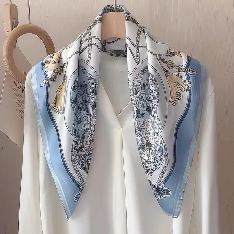 Elegant Women Decor Neck Square Scarf Retro Floral Chain Texture 100% Mulberry Silk Luxury Daily Outfit Ornament silk scarf