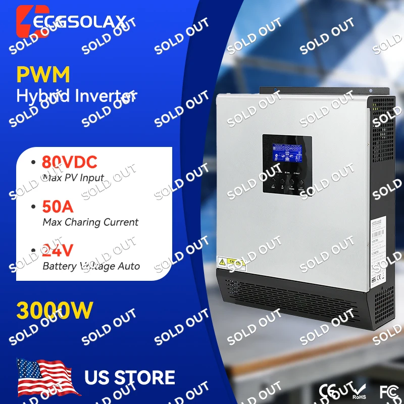 ECGSOLAX 3KW Hybrid Solar Inverter 24V to 110V 120V 2400W Pure Sine Wave Inverter With PWM 50A Charging Controller Max PV 80VDC