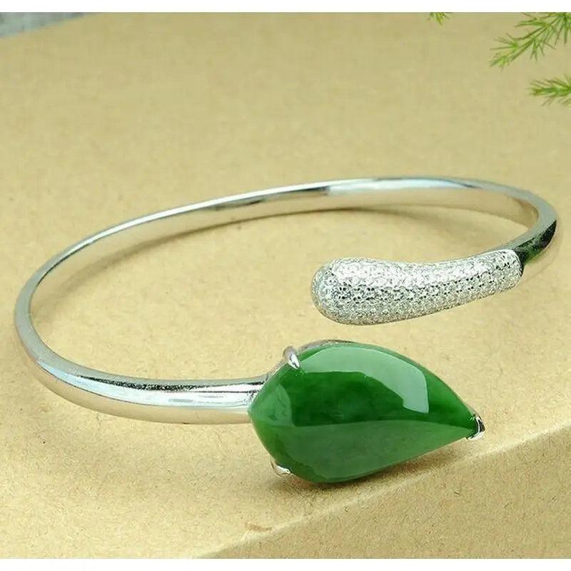 925 Bangle Inlaid With , Hetian Jade Leaf , Jasper Cabochon Silver Smooth Surface Thin Bracelet