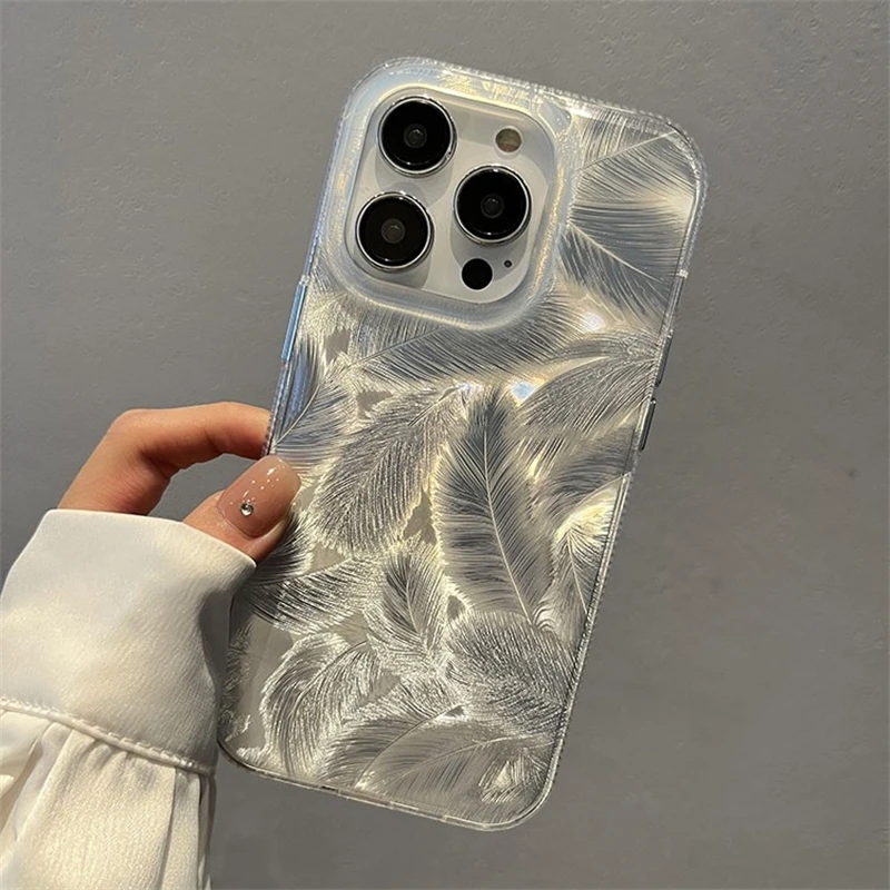 Funda de teléfono con patrón de pluma gradiente láser, Funda de silicona a prueba de golpes para iPhone 11, 15, 14, 13, 12 Pro Max, 15Pro, 14Pro