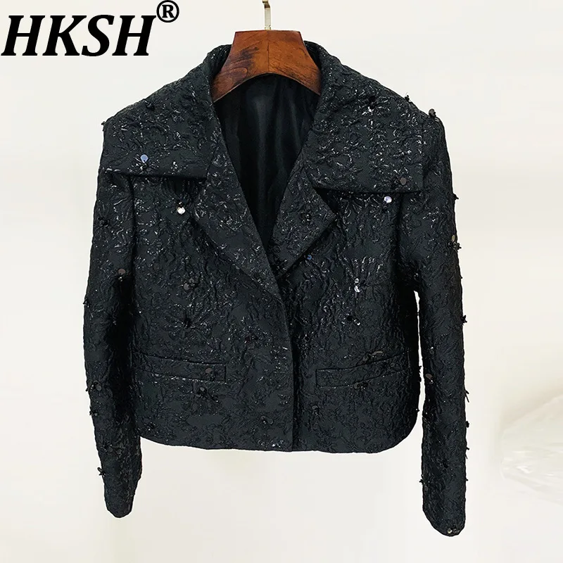 

HKSH Autumn New Women Chic Jacket Jacquard Beaded Sequins Dark Style Luxuey Coat Short Sleeve Fashion Elegant Tide Dress HK10614
