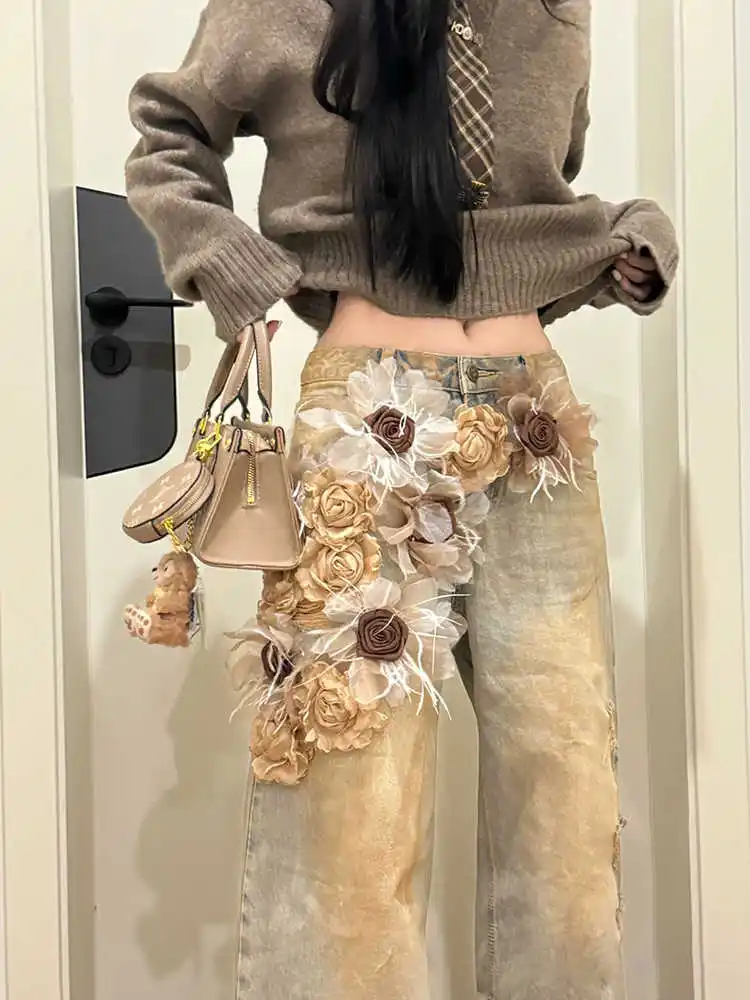 

2025 NEW Women's Splicing Blue Jeans High Street Straight Leg Fashion Y2K Style American Spring Oversized Women's Loose Jeans