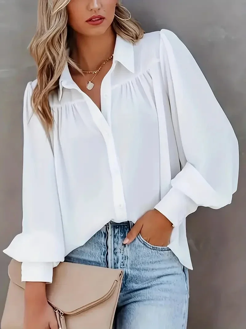 

Plus Size 1XL-5XL Women's Basic Blouse Solid Button Up Lantern Sleeve Turn Down Collar Blouse Shirt