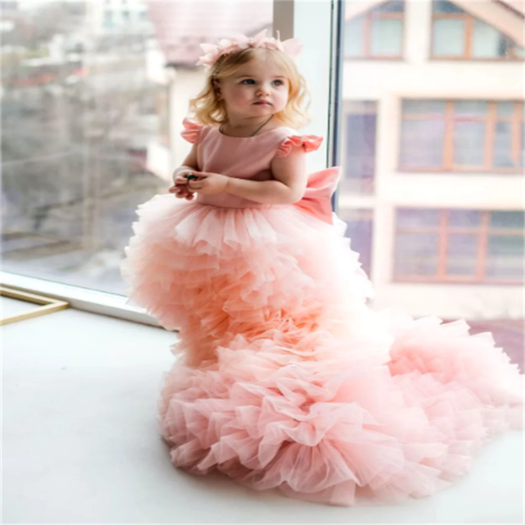 Tulle Tiered Pageant Dress With Train Toddlers Open Back Flower Girl Dresses Infant Kids Satin Bow Communion Party