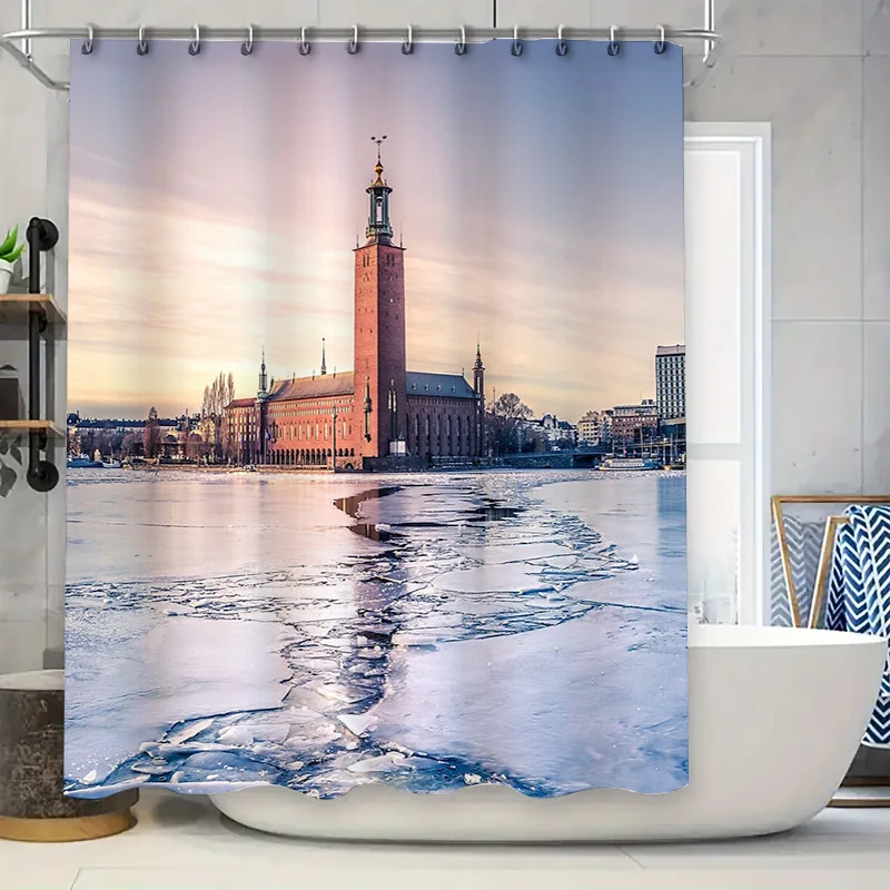 

Frozen Lake Stockholm Cityscape Shower Curtain Winter Landscape Nature Scenic Wall Tapestry Home Decor Bathroom Art