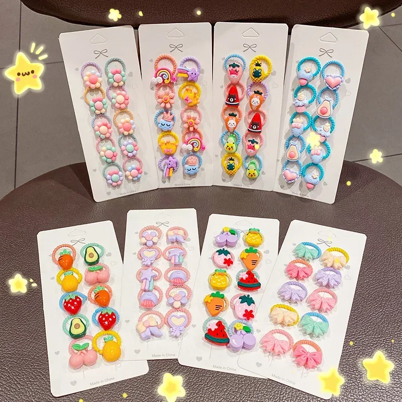 10PCS New Girls Cute Cartoon Flower Small Scrunchie Kids Ponytail Hair Tie Elastic Fashion Hair Accessories Set
