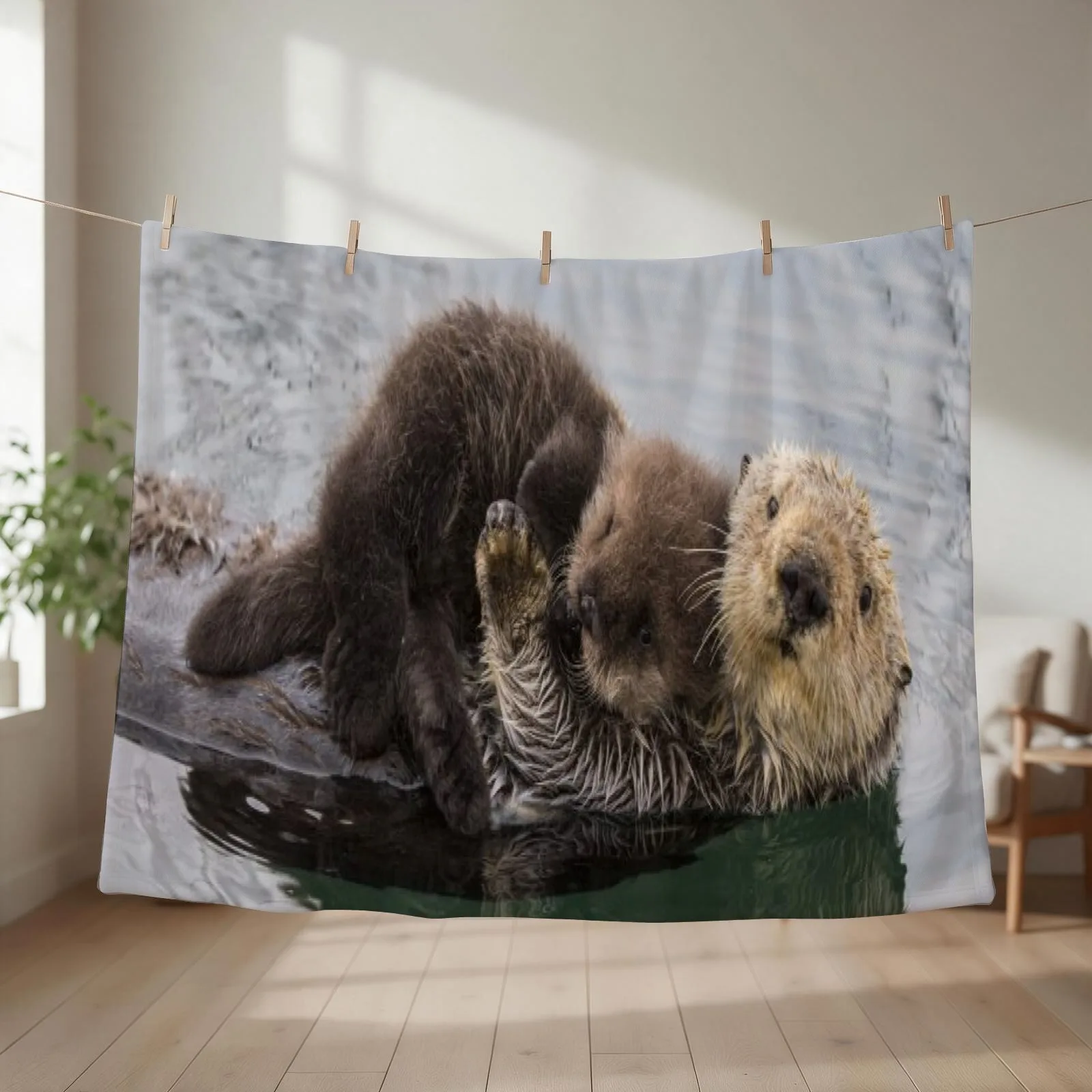 Sea Otter in water swimming with baby Throw Blanket couch cozy soft plush fuzzy picnic outdoor blanket