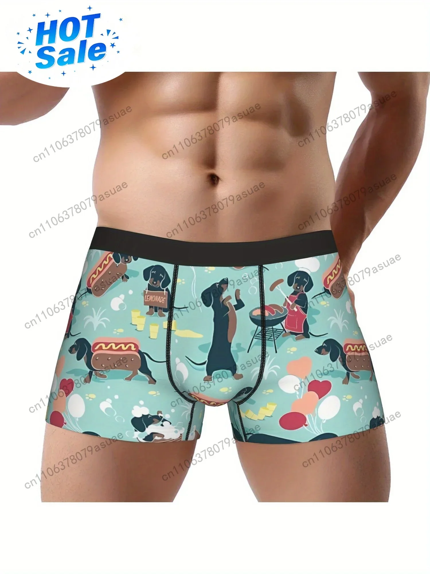 [Whimsical Boxer Briefs] 1pc Men's Boxer Briefs with Fun Dachshund Hot Dogs & Lemonade Print - Aqua Green Background Navy & Bro