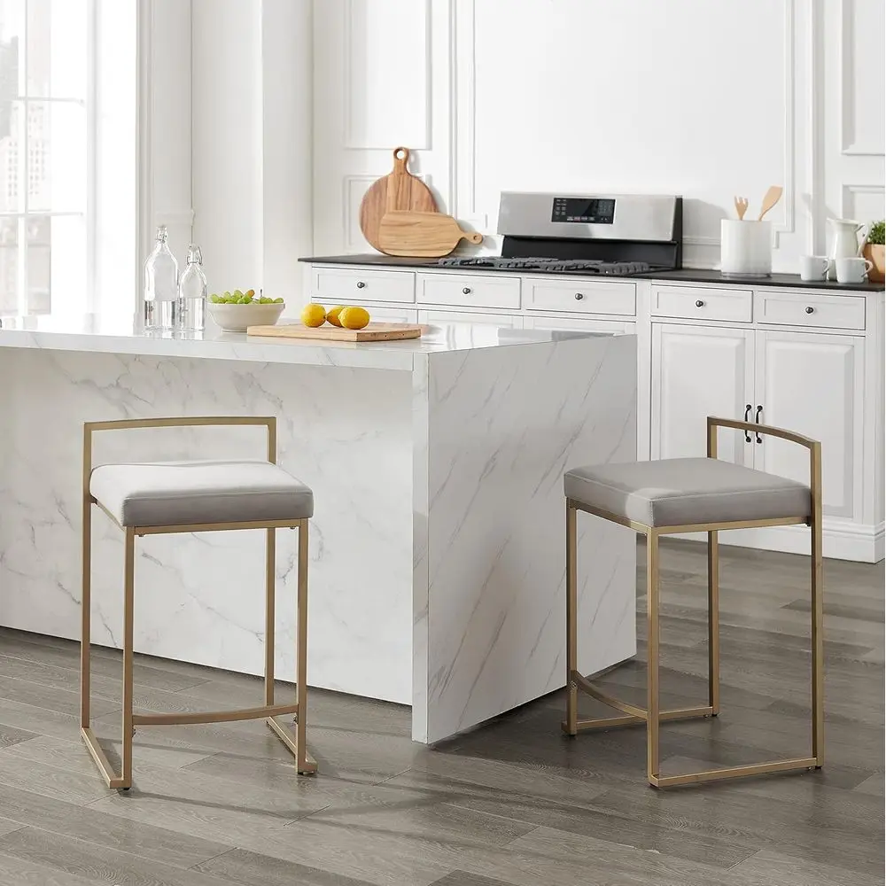 Harlowe Upholstered Seat Counter Height Bar Stools Set o 2, Kitchen and Dining, Gray and Gold view 2