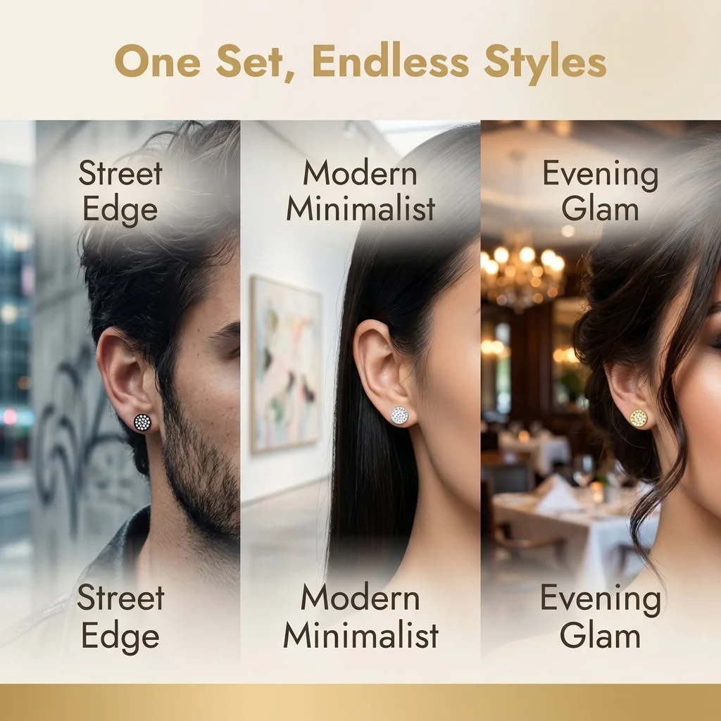 Round Paved Rhinestone Dumbbell Stud Earrings Stainless Steel Hypoallergenic Ear Jewelry
