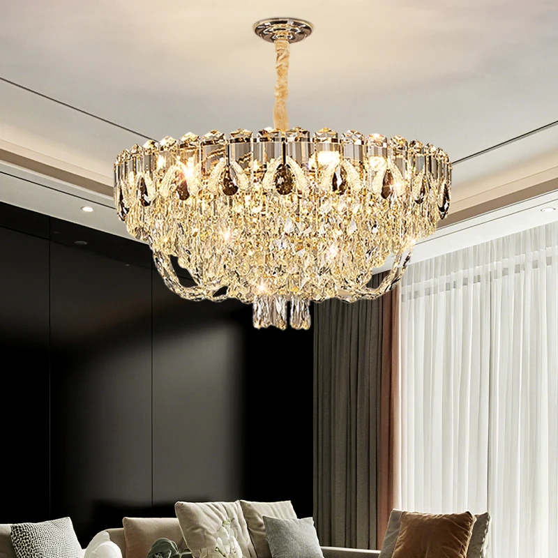 Luxury Crystal Chandelier Gold Round Living Room Chandelier Indoor Dining Room LED Minimalist Lustre Dining Table Pendant Light