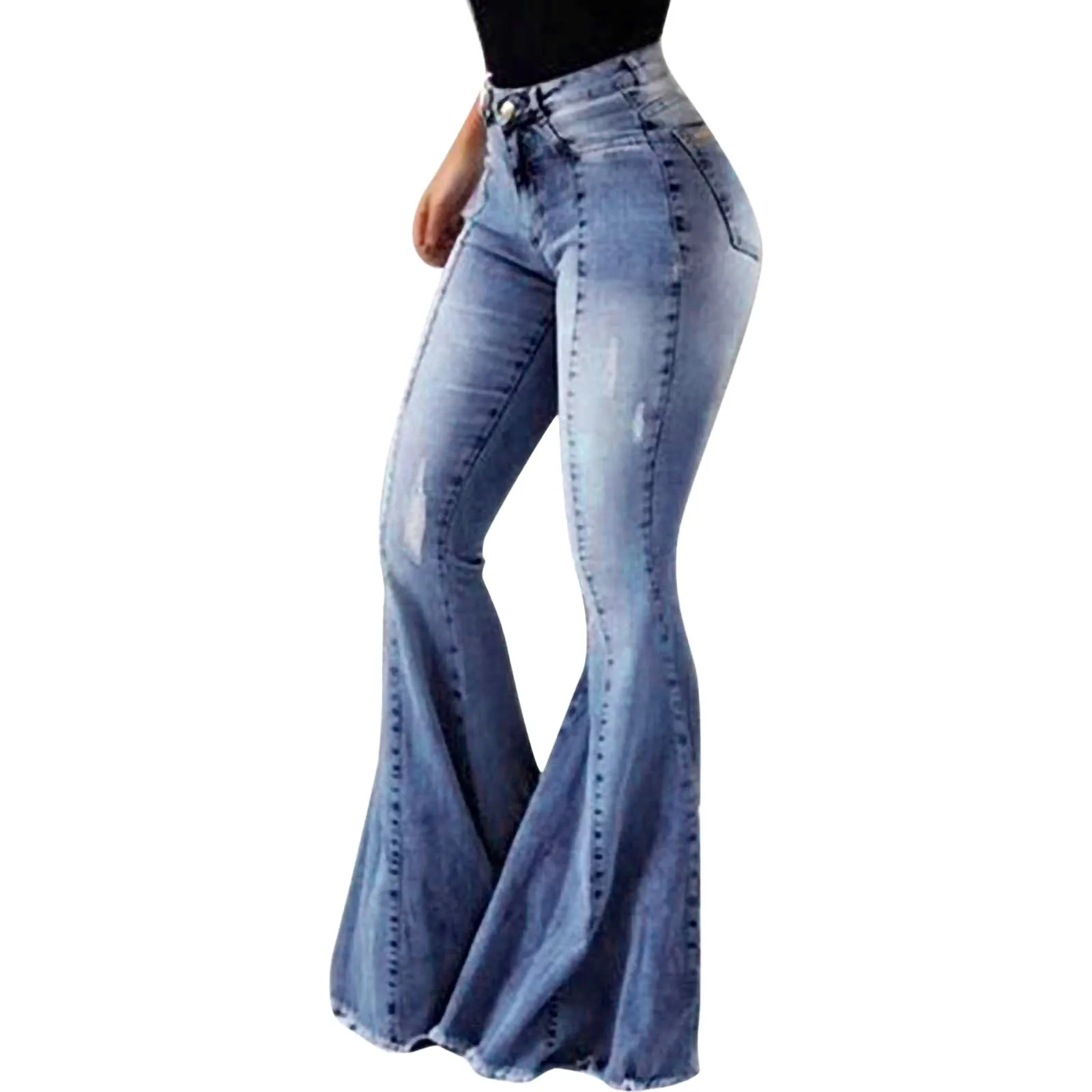 الطابق طول مضيئة السراويل النساء Bootcut ممزق عالية الخصر بسط واسعة الساق الجينز المتوترة ضيق موضة عادية سراويل جينز