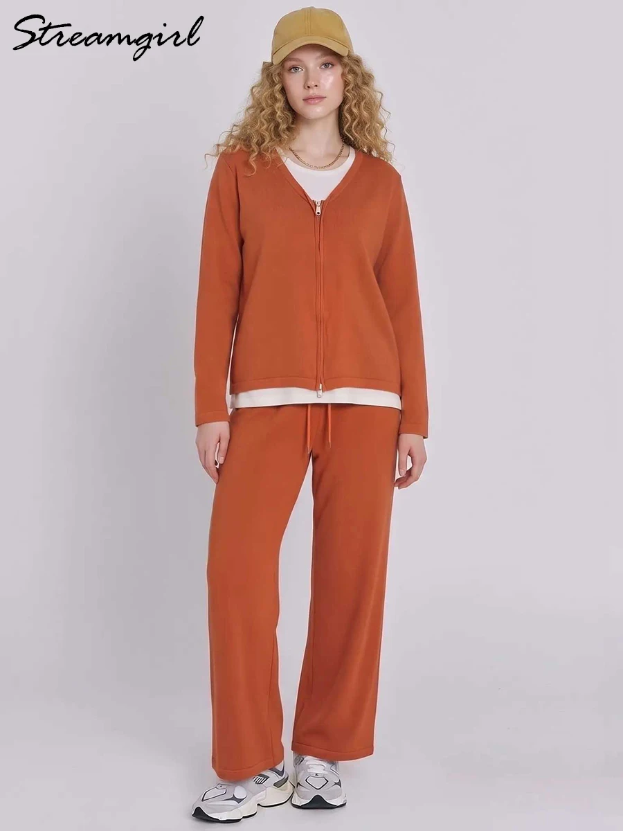 Knitted Trousers Suits Set For Women Elegant Sweaters And Pants Set Orange Fake Two Piece Pullover Women Knit Pants Suits Autumn