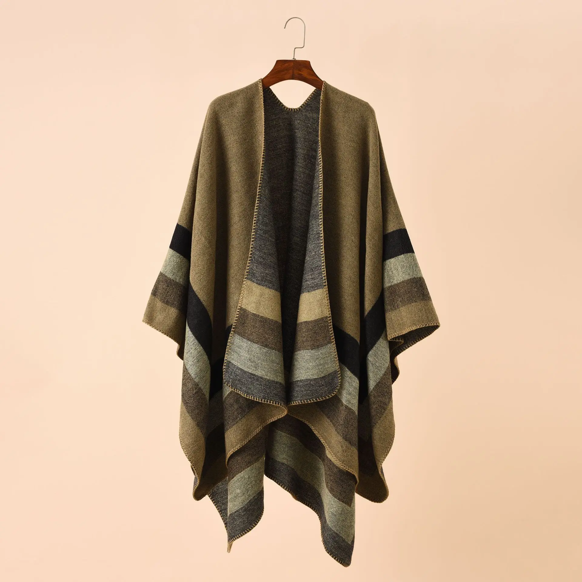 A lady\'s shawl travel with thermal striped plaid patterned imitation cashmere shawl