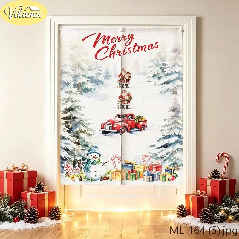 VIKAMA Merry Christmas Red Truck Two Santas Snowman Door Curtain, HD Print Easy Hang Festive Door Cover, Winter Decor
