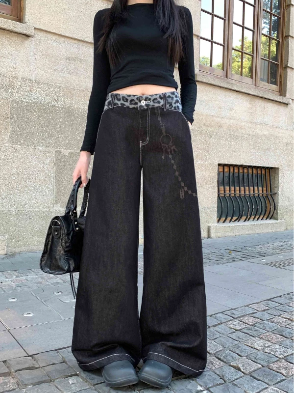 

Винтажные американские джинсовые брюки с леопардовым принтом и широкими штанинами длиной до пола, свободные джинсовые брюки с высокой талией для женщин, модная осенняя одежда для поездок на работу