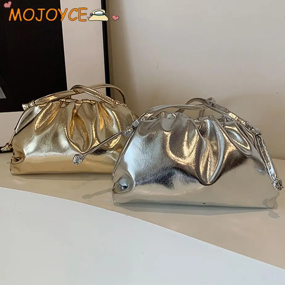 Mała luksusowa damska torebka Hobo z miękkiej skóry PU w kolorze złotym i srebrnym Elegancka elegancka torebka z kluskami Torebka z kopertówką na imprezę