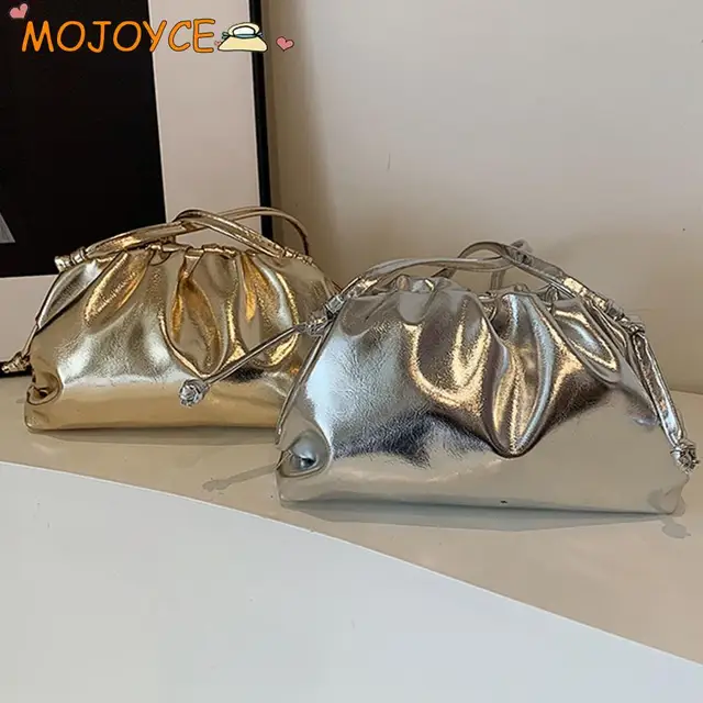 Mała luksusowa damska torebka Hobo z miękkiej skóry PU w kolorze złotym i srebrnym Elegancka elegancka torebka z kluskami Torebka z kopertówką na imprezę