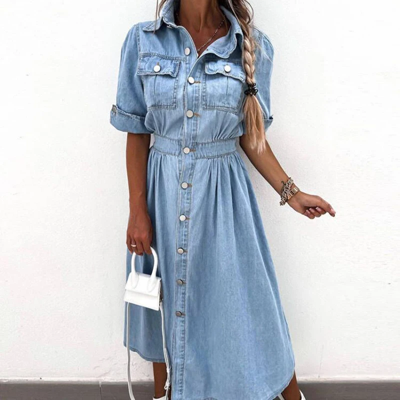 Elegant Lapel Short Sleeve Denim Dress New Casual Single-breasted Pocket Long Dress Summer High Waist Temperament Commute Dress