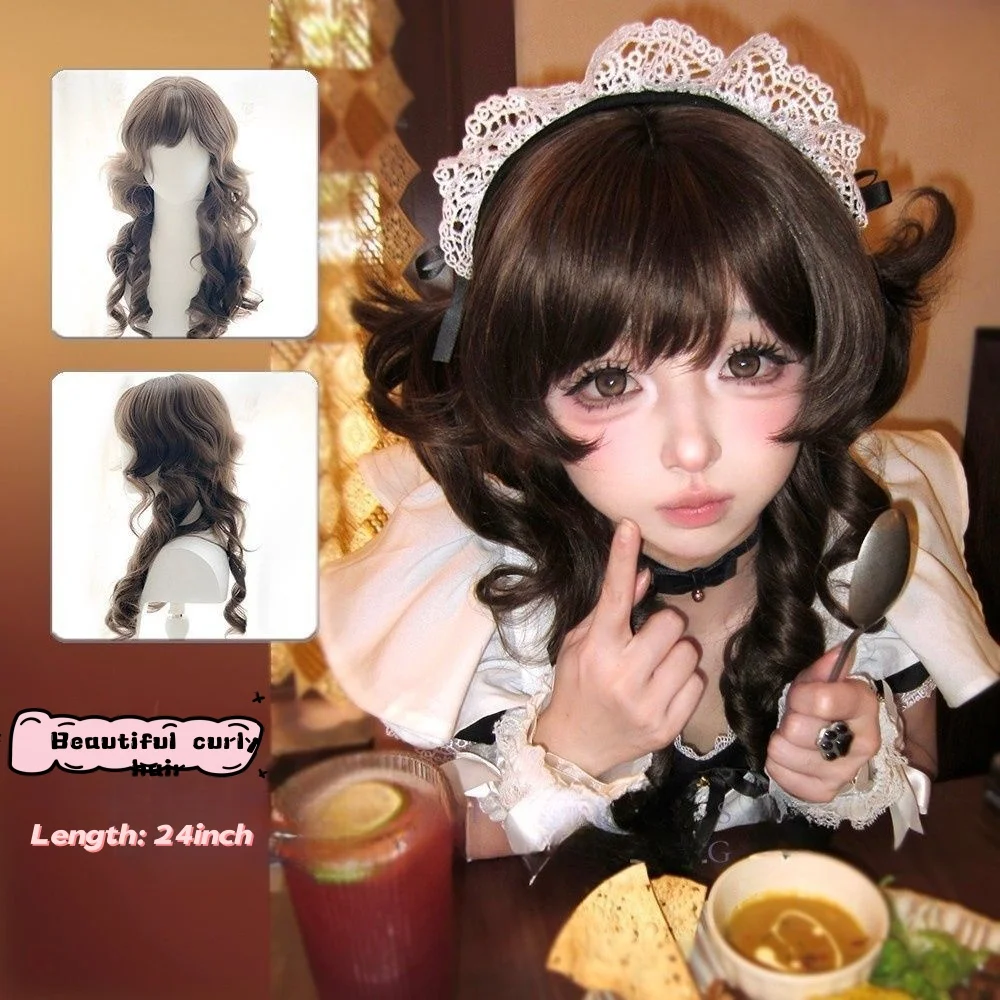 

BeiBei Cute Lolita Cool Brown Wig for Women Long Wavy Curly Wig with Bangs Cosplay Headband Synthetic Wig for Holiday Daily Wear