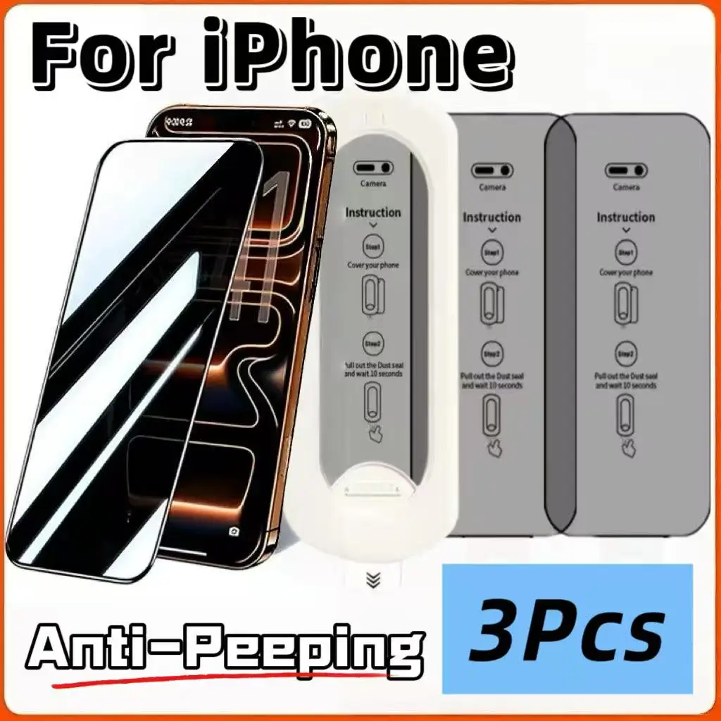 

9H Anti-Peep Tempered Glass Film for iPhone 17 16 15 14 13 12 All Models, 3 Pcs, No Bubbles No Dust