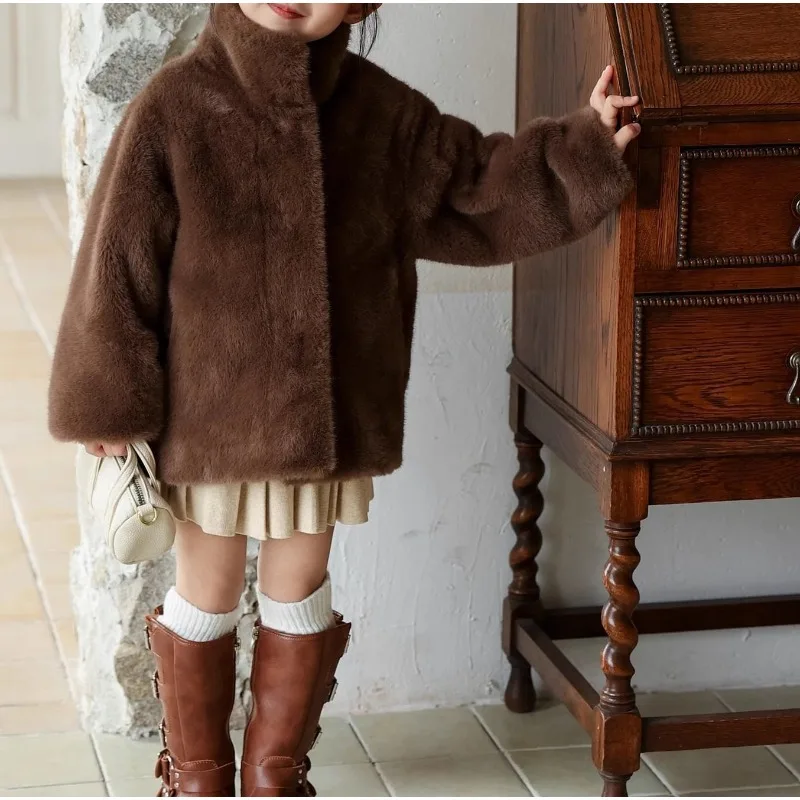 Girls' Fur Integrated Imitation Mink Velvet Fur Jacket Stand-up Collar Girls Thickened Short Winter Clothing