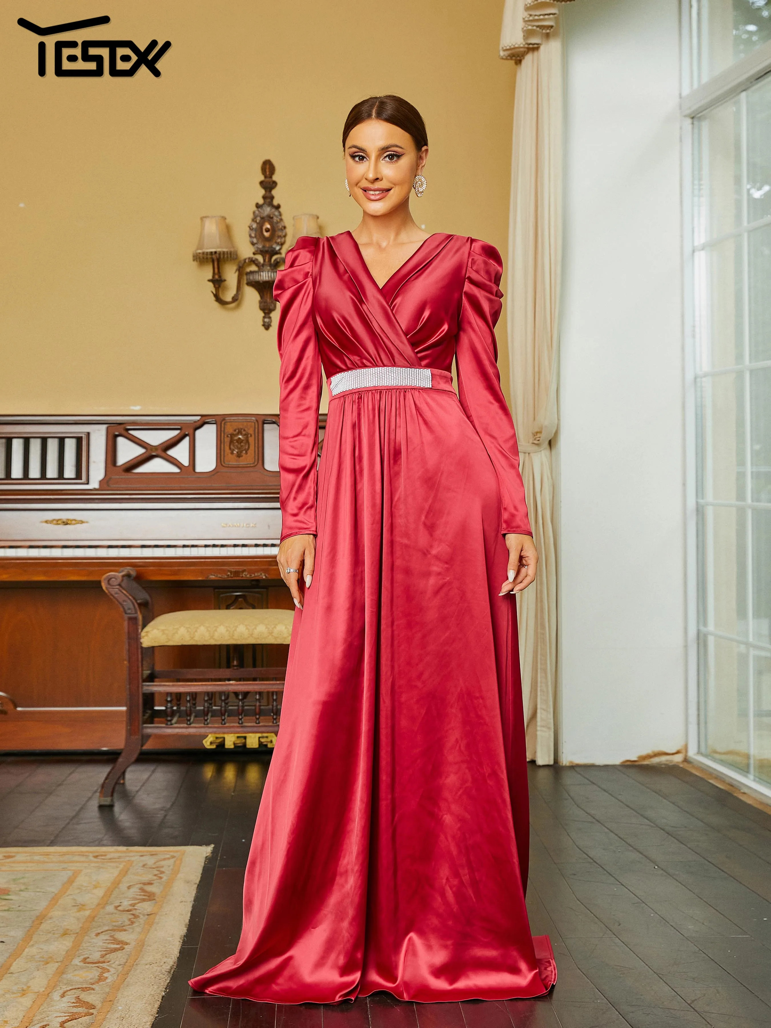 Yesexy-Robe de soirée élégante pour femme, col en V, manches longues, ligne A, robe de Rh, bordeaux, nouveau, 2023