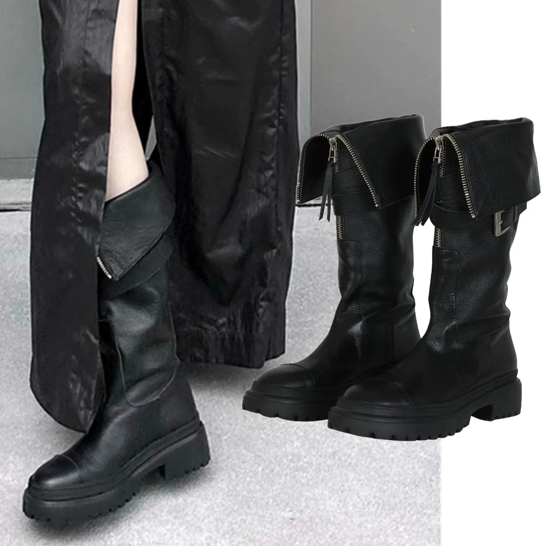 Withered Autumn Winter Knee Boot British Boots Wome Fashion Blogger High Street Motorcycle Leather Boots High Heel Retro Zipper