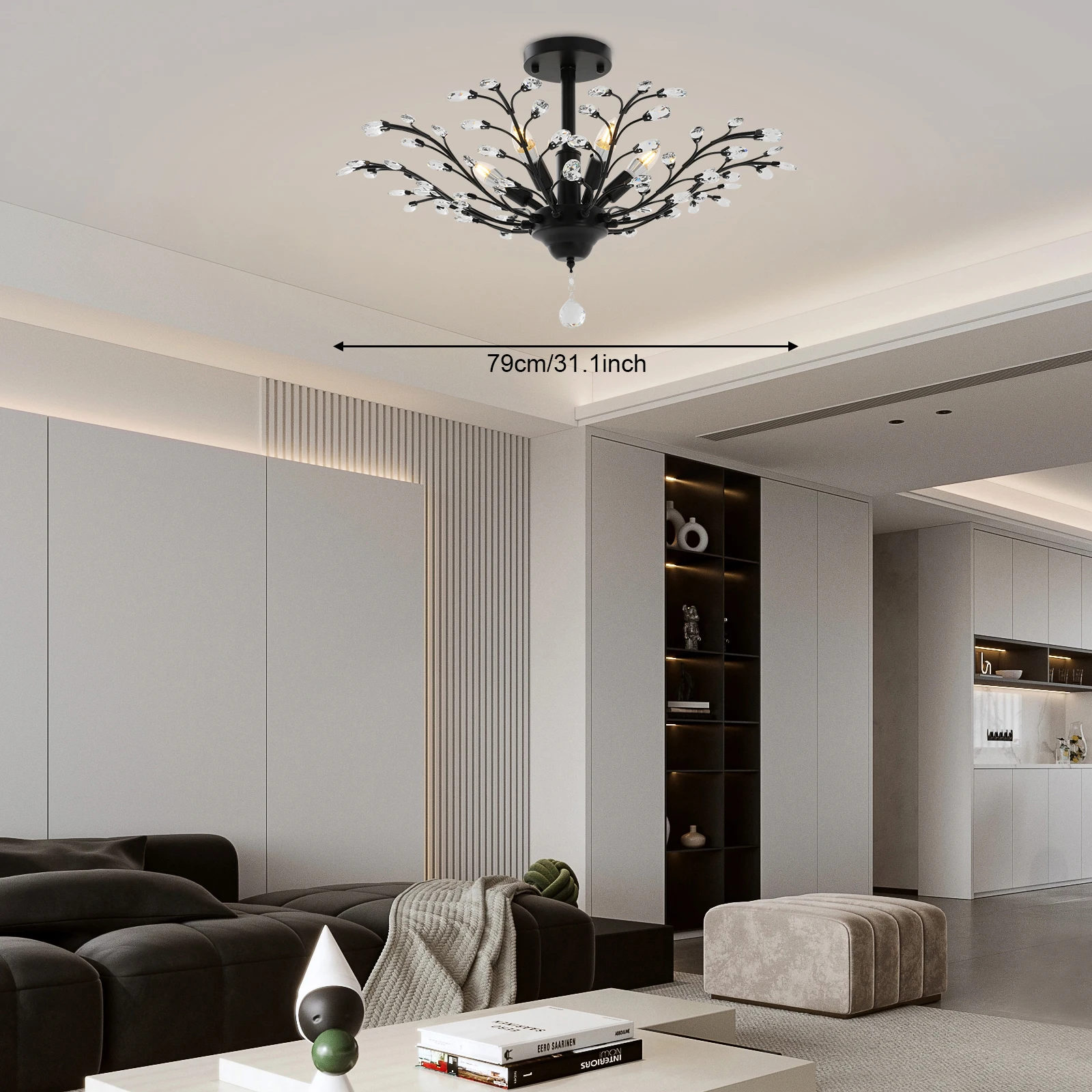 

Vintage Crystal Chandeliers Branches Pendant Light Black Ceiling Mounted Indoor Semi Flush Mount 110V Cord-Electric