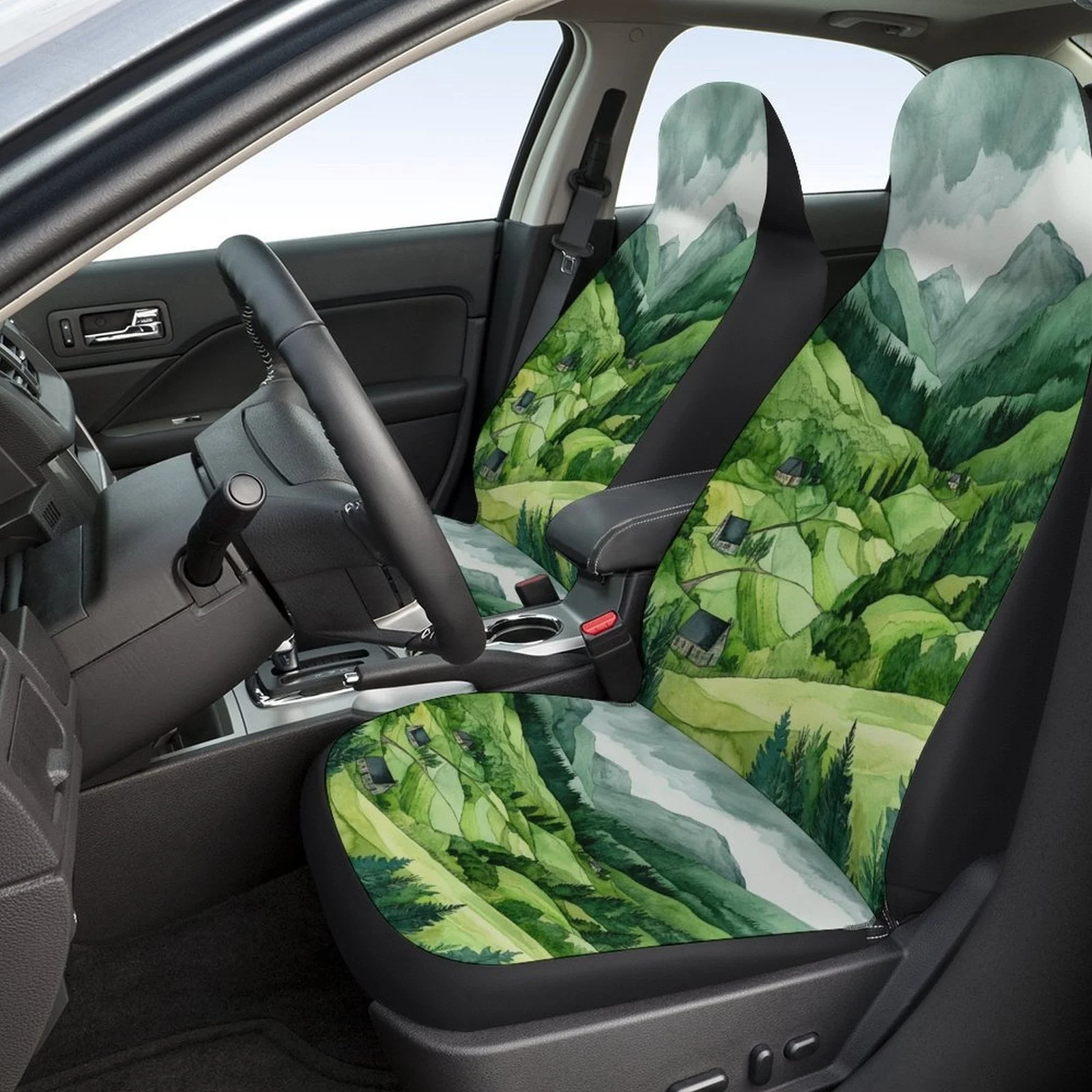 Set Of Themed Car Seat Covers In Green Valley For Various Vehicles, Stylish Novelty Protectors For Car Seats, Complete Set For T