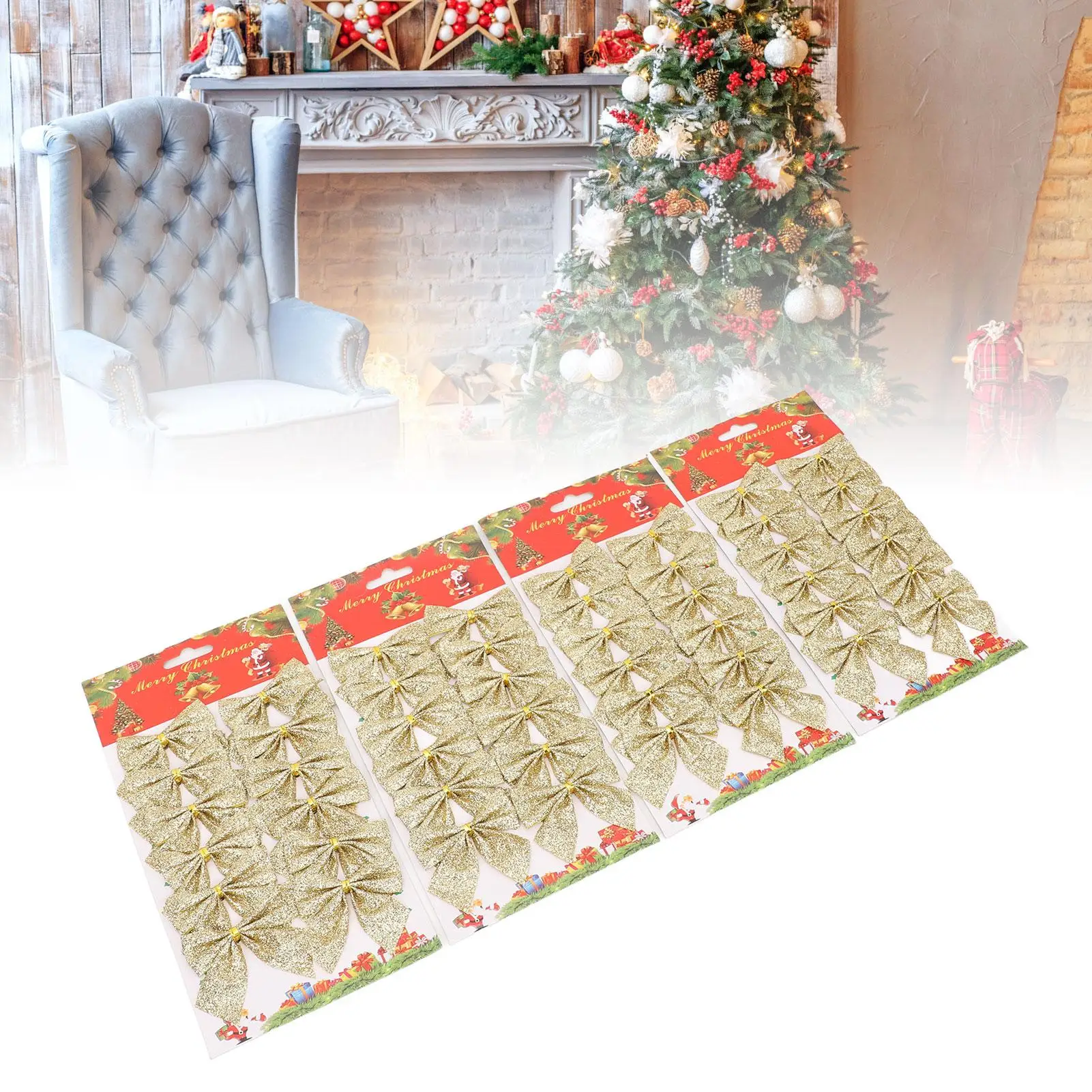 

48pcs Xmas Tree Bow Decoration Miniature Xmas Tree Bow Ornament Hanging Xmas Garland Bows For Home Party Gold