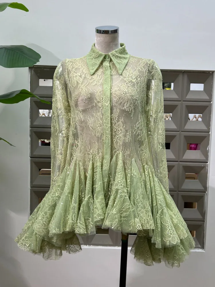 DFDG Women’s Designer Sheer Lace Blouse With Sequin Floral Cut Out Lapel Long Bell Sleeve Spring And Summer Elegant Shirt