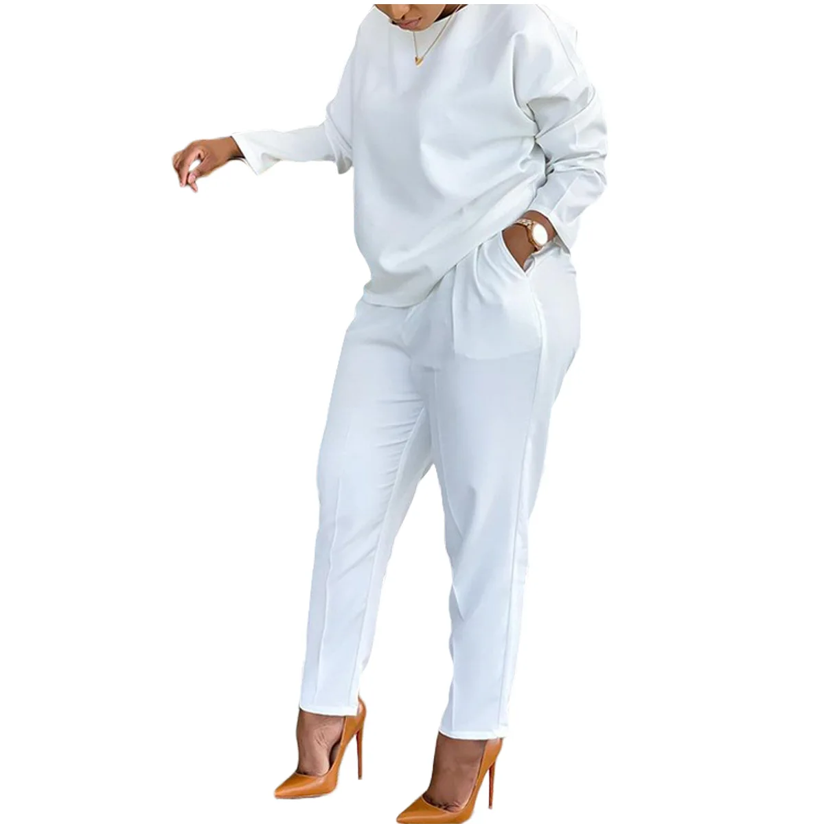 

Casual Solid Pant Sets Women Two Piece Splice Round Neck Tops Pullover Long Pants Pockets Casual Sporty Autumn Winter 2025