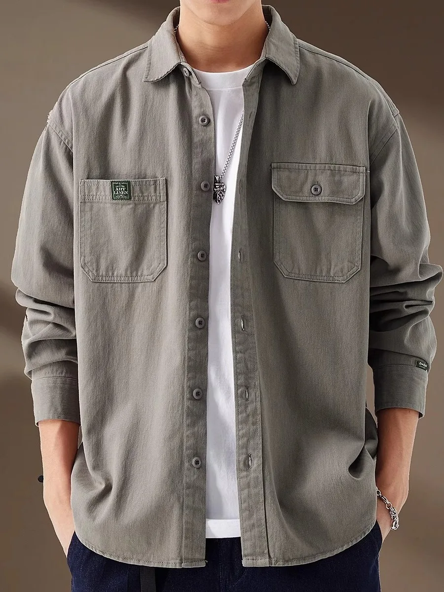 High-End American Retro Hunting Workwear Long Sleeve Men's Shirt Casual Loose Fit Autumn Trendy Brand Pure Cotton Outerwear