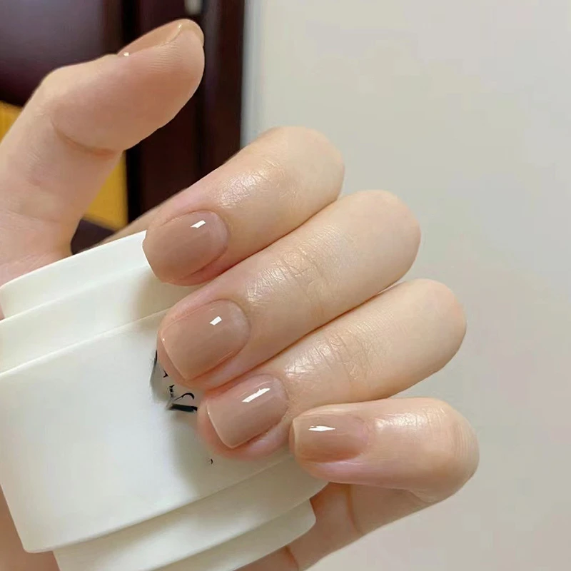 Uñas postizas cortas cuadradas de Color sólido, Uñas postizas con pegamento, Color café, elegantes, baratas, 24 piezas