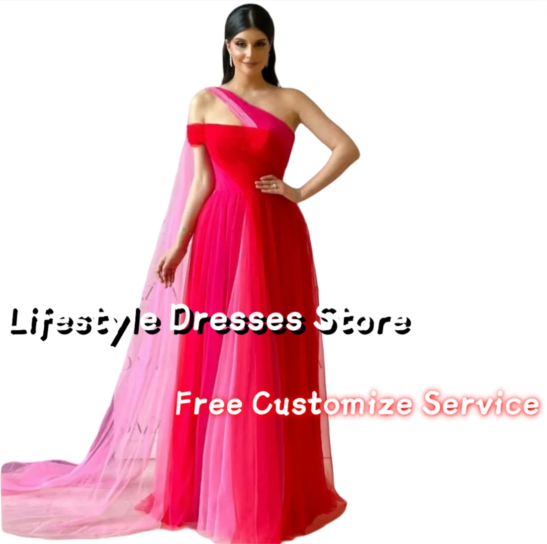 

One-Shoulder Pleat Tulle Pink Contrast Color Prom Dress A-Line Formal Saudi Evening Dresses For Wedding 2024 Long Party Gown