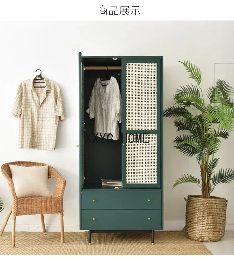 Nordic Rattan Solid Wood Drawer Storage Cabinet Double Door Wardrobe Light Luxury Storage Wardrobe