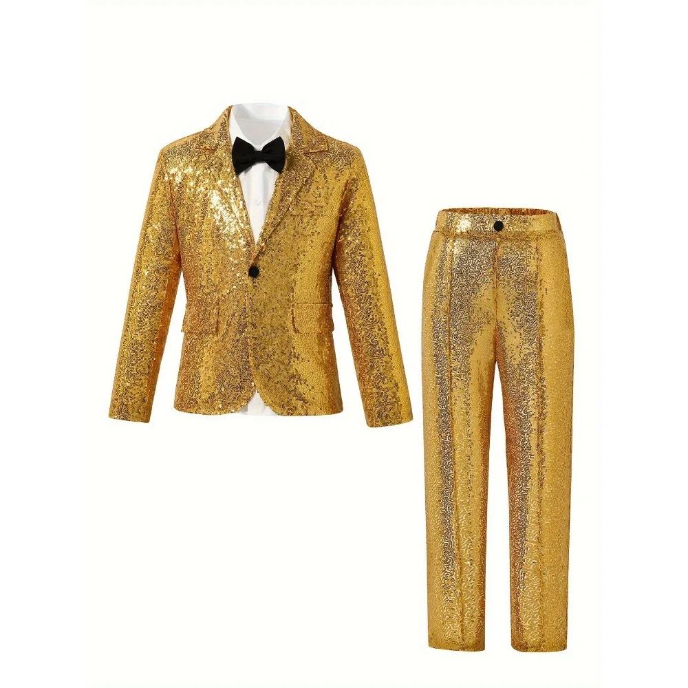 

Формальный костюм для мальчиков-подростков из 4 предметов с золотыми пайетками — блестящий пиджак + черный галстук-бабочка + белая рубашка + брюки в стиле вестерн. Привлекательный a