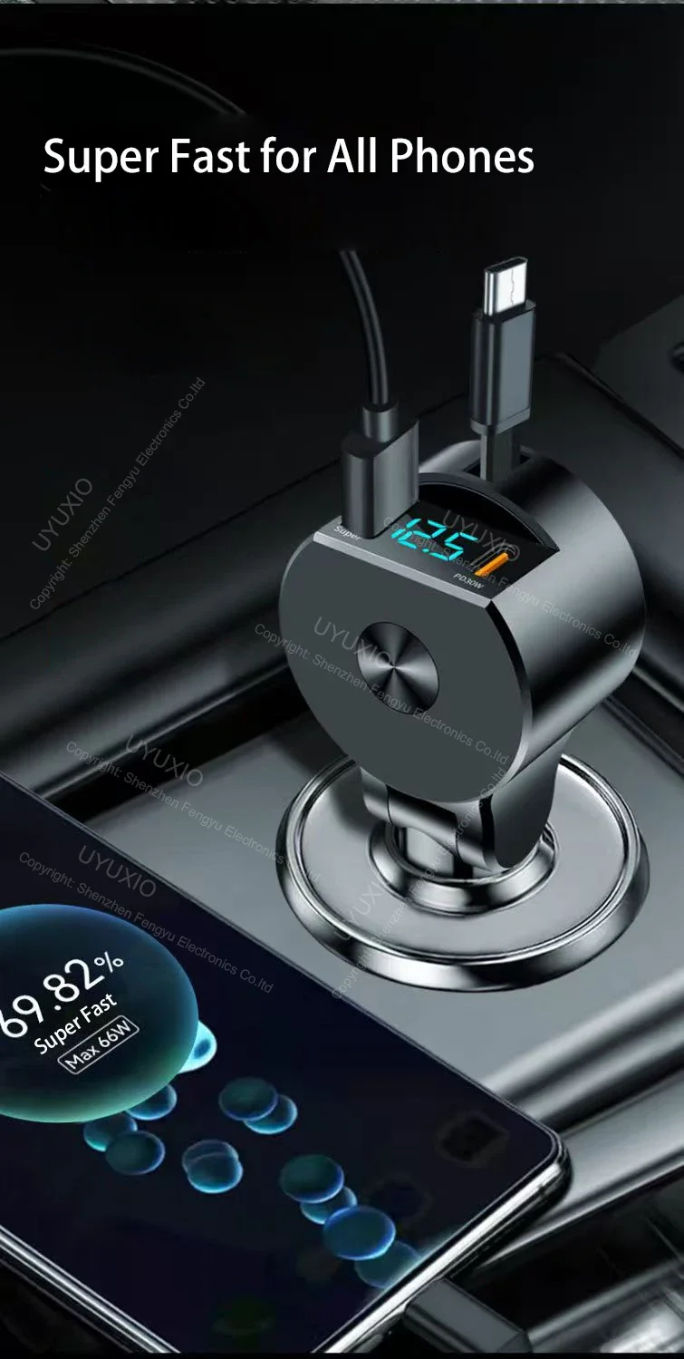 USB C Car Charger 65W Super Fast Charge with Voltage Display PD 30W Retractable Type C Cable for iPhone 16 Pro Max 15 Samsung