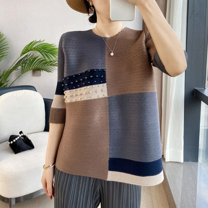 2025 Spring Autumn Retro Causal Top With Nail Bead Color Blocked Three-quarter Sleeve T-shirt For Women