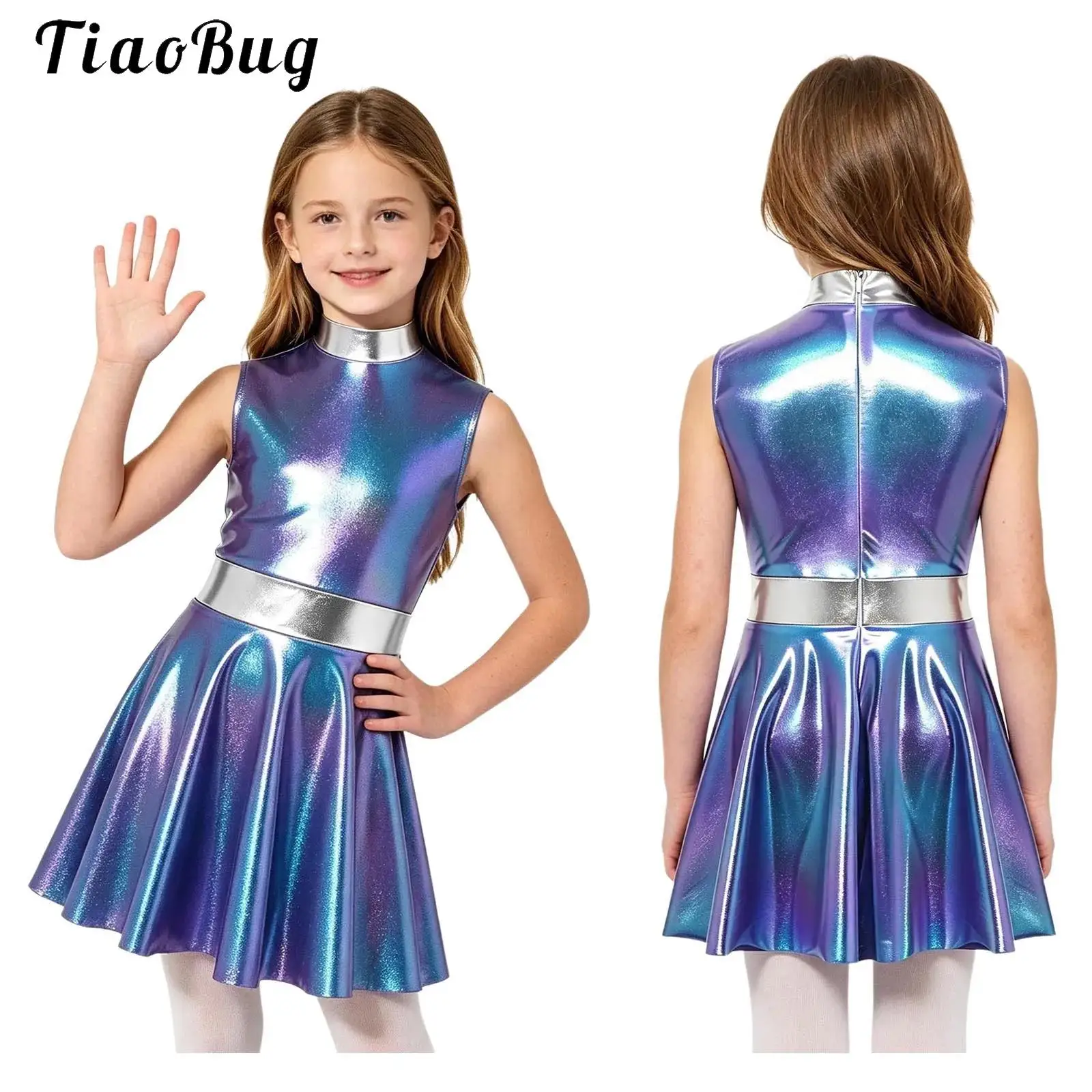 Kid Girls Metallic Shiny Alien Dress Children Singer Show Party Costume Sleeveless Back Zipper A-line Dress Performance Dress Up