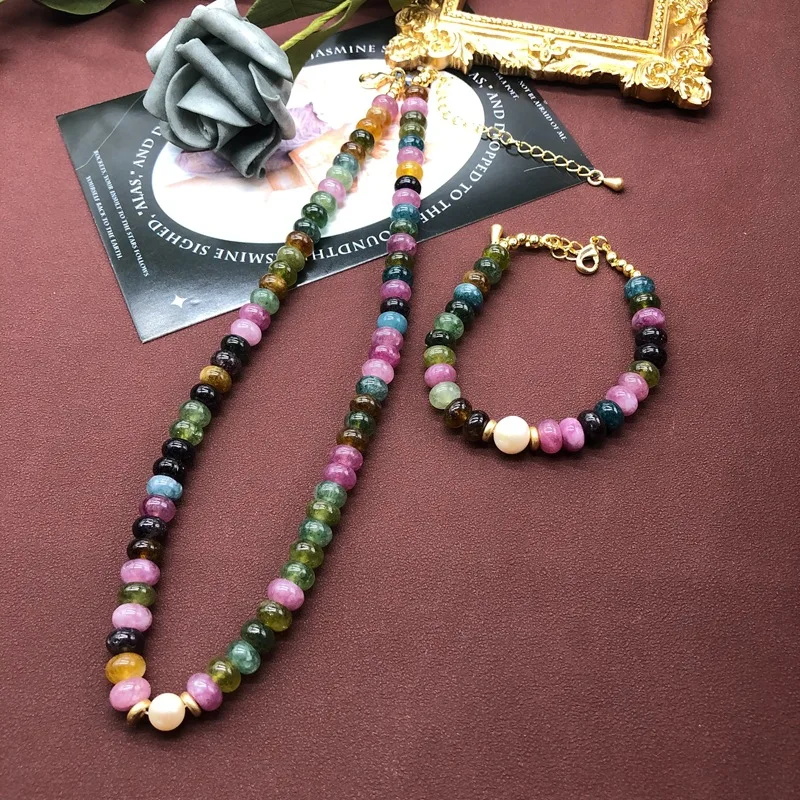 

European and American retro court color tourmaline bead necklace bracelet
