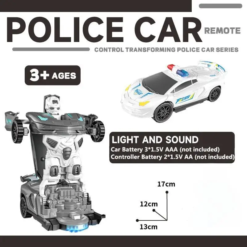 Transforming RC Robot Car Toy, One-Key Deformation with Light Sound, Crash Resistant Police/Sports Car, Boys Birthday Gift