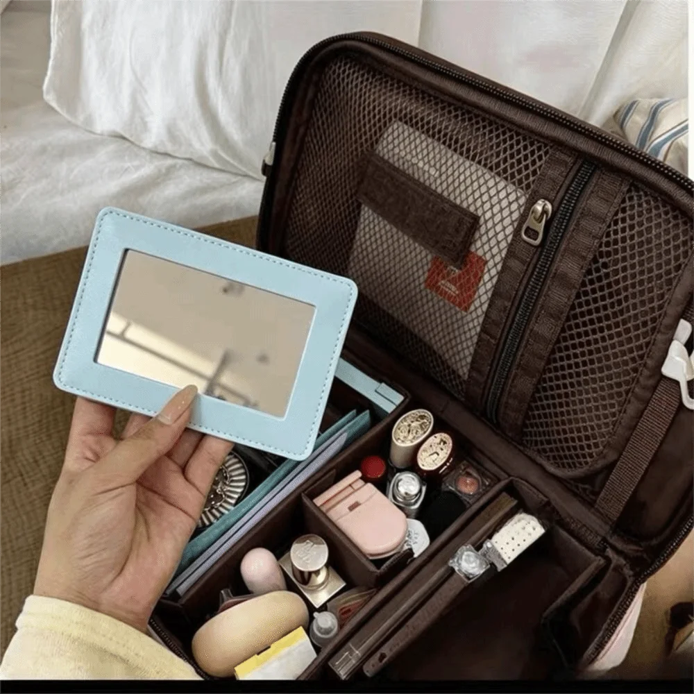 Large Capacity Handheld Makeup Bag PU Leather Sturdy Handle Portable Toiletry Pouch with Mirror Waterproof Travel Wash Pack