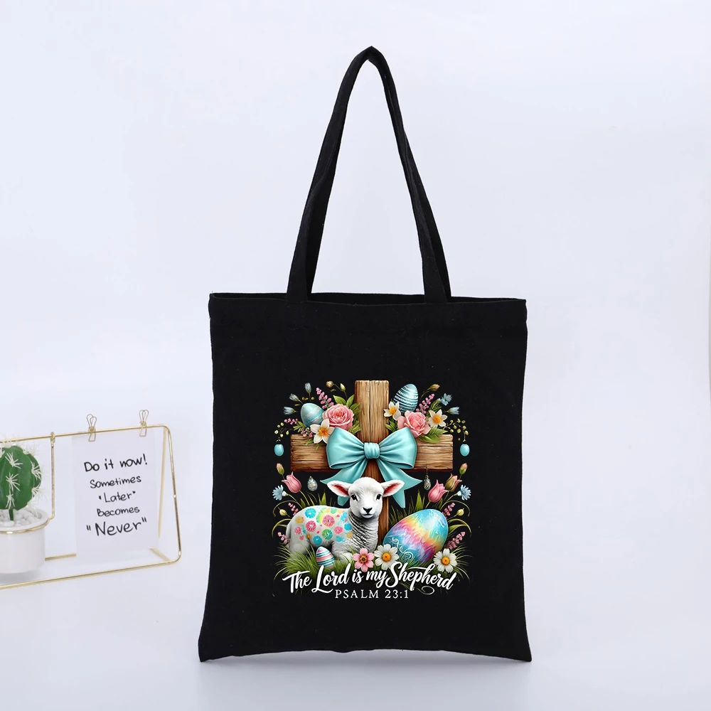 Women's Cross and Lamb Print Canvas Tote Bag with Floral Design, Perfect for Easter and Casual Daily Use