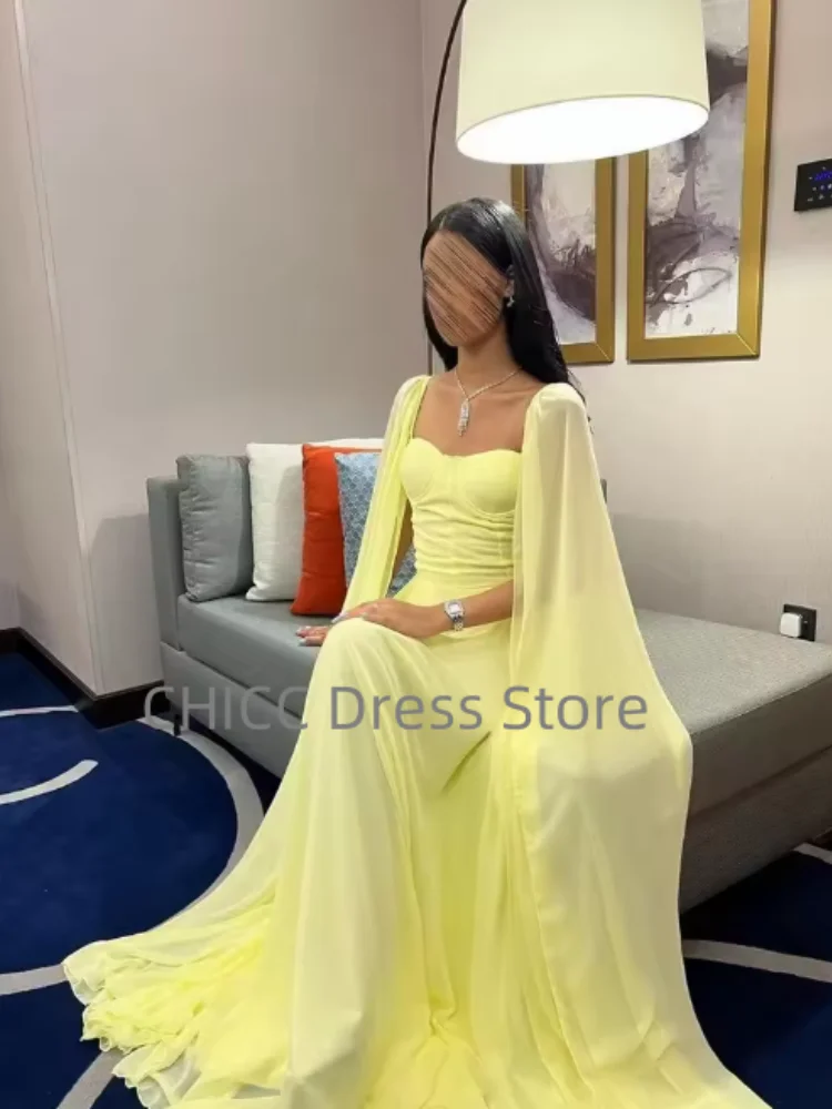 Vestidos de fiesta amarillos Manga larga flotante Cuello cuadrado Una línea Vestidos de noche de gasa Vestidos de fiesta para ocasiones especiales Personalizados