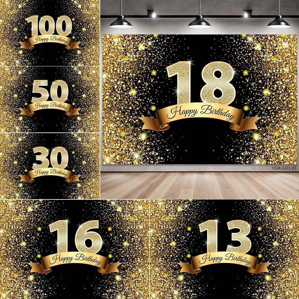 

Gold Black Age Number Glitter Happy Birthday Party Banner Background Boys Girls 18 Years Old Birthday Photography Backdrop Prop