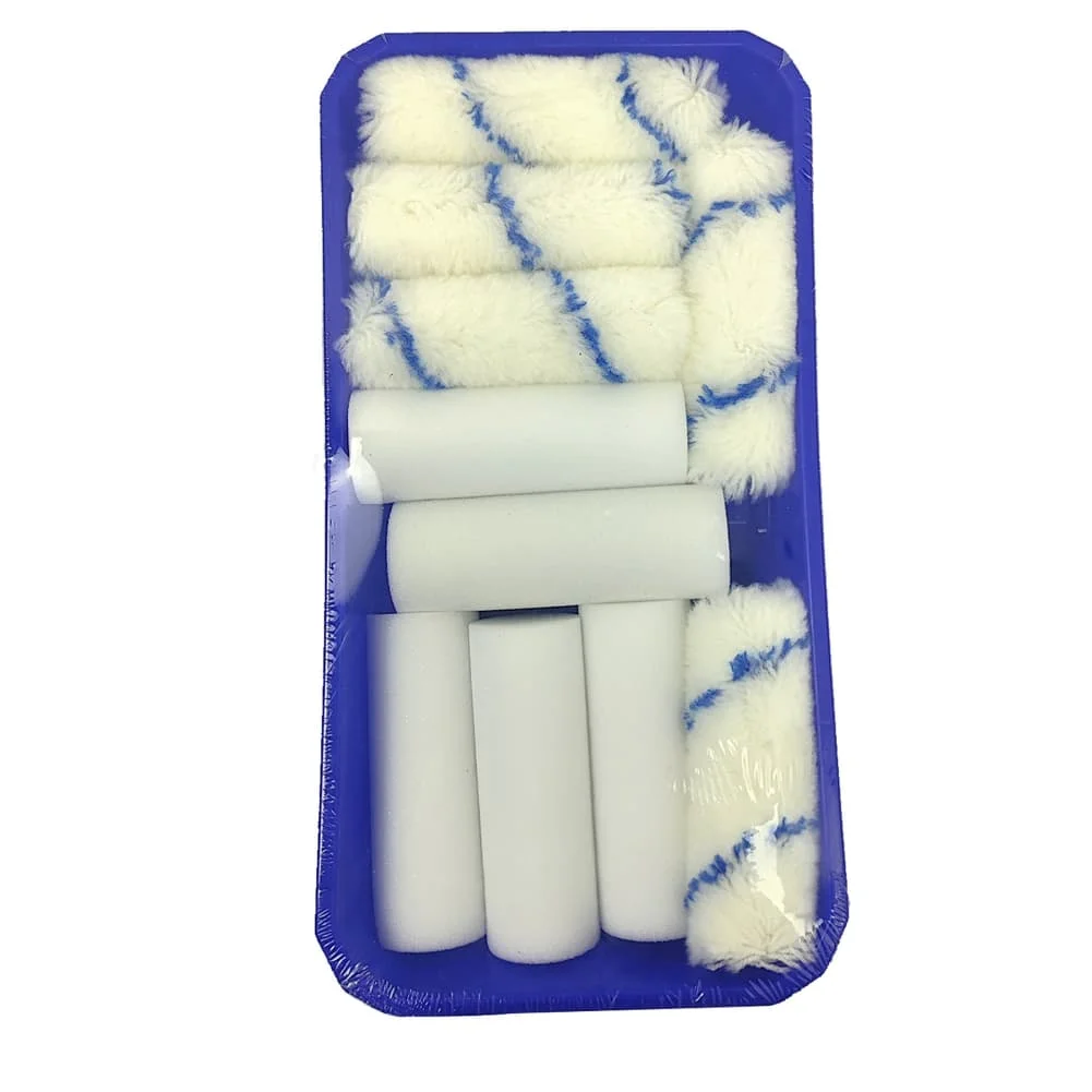 Paint Roller Kit with 5 Foam Rollers 5 Acrylic Brush Heads Blue Paint Tray and Steel Handle Stand for DIY Wall and Door Painting
