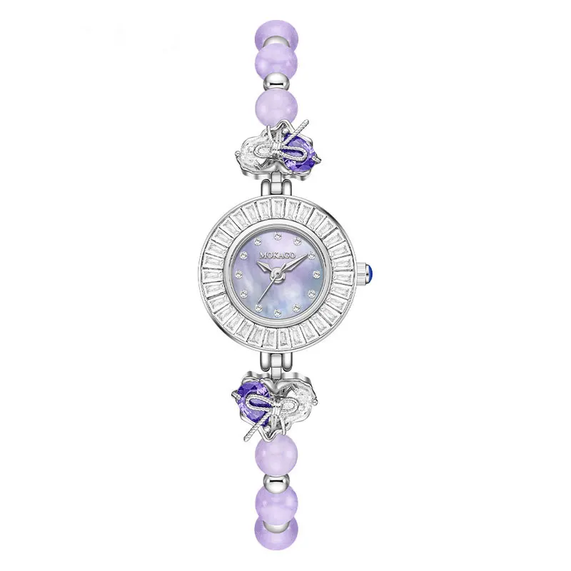 Women Ladies Fashion Quartz Watch Crystal Diamond Inlaid Copper Band Beaded Bracelet Wristwatch Reloj Mujer