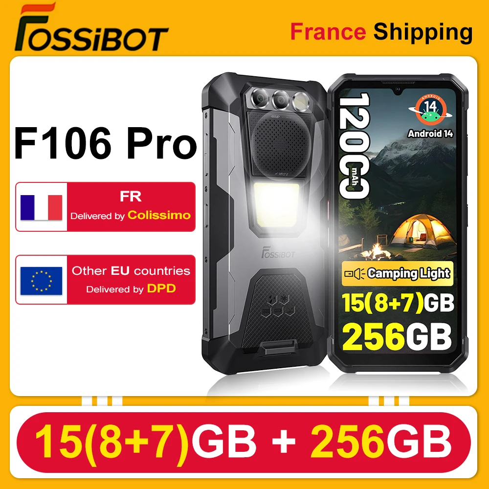FOSSiBOT F106 Pro Smartphone robuste 15(8 + 7) Go de RAM 256 Go de ROM 12 000 mAh 6,58 " 48 MP Helio G85 Android 14 Téléphone Double SIM 4G